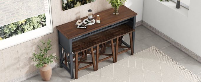 TOPMAX Farmhouse Counter Height 4-Piece Dining Table Set, 60" Console Kitchen Table Set with 3 Stools for Small Places,Walnut