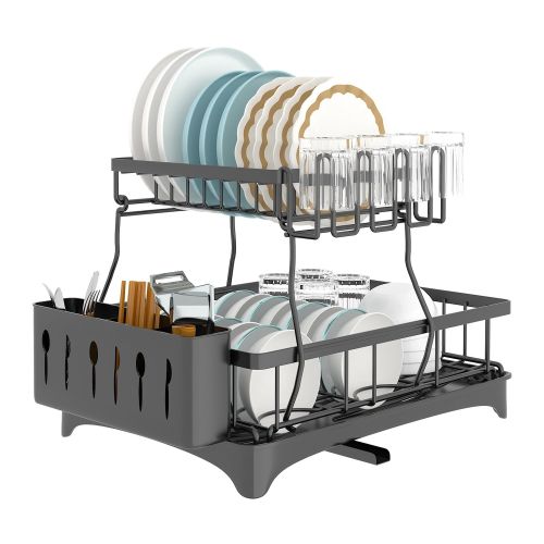 Dish Drying Rack with Drainboard Detachable 2-Tier Dish Rack Drainer Organizer Set with Utensil Holder Cup Rack Swivel Spout for Kitchen Counter Dish Drying Rack with Drainboard Detachable 2-Tier Dish Rack Drainer Organizer Set with Utensil Holder Cup Rack Swivel Spout for Kitchen Counter
