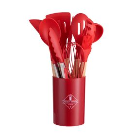 11pcs Wooden Handle Silicone Kitchen Utensils Set Storage Bucket Non-stick Spoon Cooking Kitchen Utensils 11 Pieces Set Silicone Shovel Spoon (Color: Red)