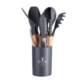 11pcs Wooden Handle Silicone Kitchen Utensils Set Storage Bucket Non-stick Spoon Cooking Kitchen Utensils 11 Pieces Set Silicone Shovel Spoon (Color: gray)