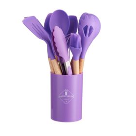 11pcs Wooden Handle Silicone Kitchen Utensils Set Storage Bucket Non-stick Spoon Cooking Kitchen Utensils 11 Pieces Set Silicone Shovel Spoon (Color: Purple)