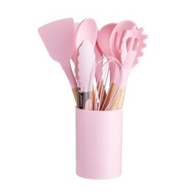 11pcs Wooden Handle Silicone Kitchen Utensils Set Storage Bucket Non-stick Spoon Cooking Kitchen Utensils 11 Pieces Set Silicone Shovel Spoon (Color: Pink)