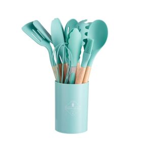 11pcs Wooden Handle Silicone Kitchen Utensils Set Storage Bucket Non-stick Spoon Cooking Kitchen Utensils 11 Pieces Set Silicone Shovel Spoon (Color: Dark Green)