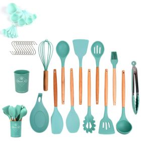 33pcs Set Wooden Handle Silicone Kitchen Utensils 33 Pieces Set Silicone Spoon Kitchen Gadgets Set Silicone Kitchen Utensils (Color: Dark Green)