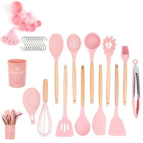 33pcs Set Wooden Handle Silicone Kitchen Utensils 33 Pieces Set Silicone Spoon Kitchen Gadgets Set Silicone Kitchen Utensils (Color: Pink)