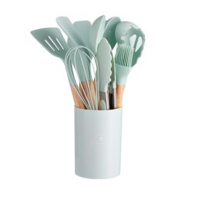 11pcs Wooden Handle Silicone Kitchen Utensils Set Storage Bucket Non-stick Spoon Cooking Kitchen Utensils 11 Pieces Set Silicone Shovel Spoon (Color: Light Green)