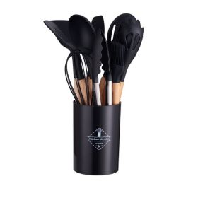 11pcs Wooden Handle Silicone Kitchen Utensils Set Storage Bucket Non-stick Spoon Cooking Kitchen Utensils 11 Pieces Set Silicone Shovel Spoon (Color: black)