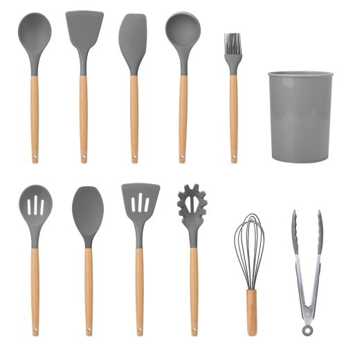 11Pcs Silicone Cooking Utensil Set Heat Resist Wooden Handle Silicone Spatula Turner Ladle Spaghetti Server Tongs 11Pcs Silicone Cooking Utensil Set Heat Resist Wooden Handle Silicone Spatula Turner Ladle Spaghetti Server Tongs