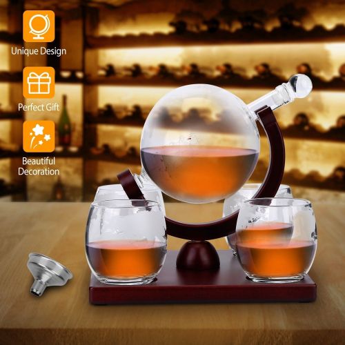 Whiskey Decanter Globe Set w/ 4Pcs 8.45OZ Etched World Whiskey Glasses Wooden Tray Perfect Gift Set Whiskey Decanter Globe Set w/ 4Pcs 8.45OZ Etched World Whiskey Glasses Wooden Tray Perfect Gift Set