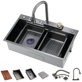 Kitchen Sink Flying rain Waterfall Kitchen Sink Set 30"x 18" 304 Stainless Steel Sink with Pull Down Faucet, and Accessories (Color: as Pic)