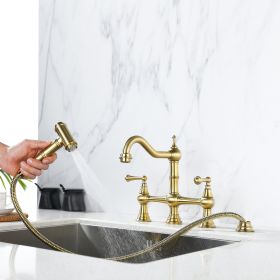 8 inch Centerset Bridge Kitchen Faucet with Brass Side Sprayer 2 Handles 4 Holes Antique Classic Heritage Deck-Mount Kitchen Sink Faucet (Color: as Pic)