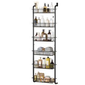6 Tier Over Door Pantry Organizer Hanging Hooks Door Storage Rack Carbon Steel Basket 62.99in Over Door Shelf for Kitchen Bathroom (Color: black)